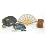 Objects including a German compass, silver mounted abalone dish and Art Nouveau pewter dish with