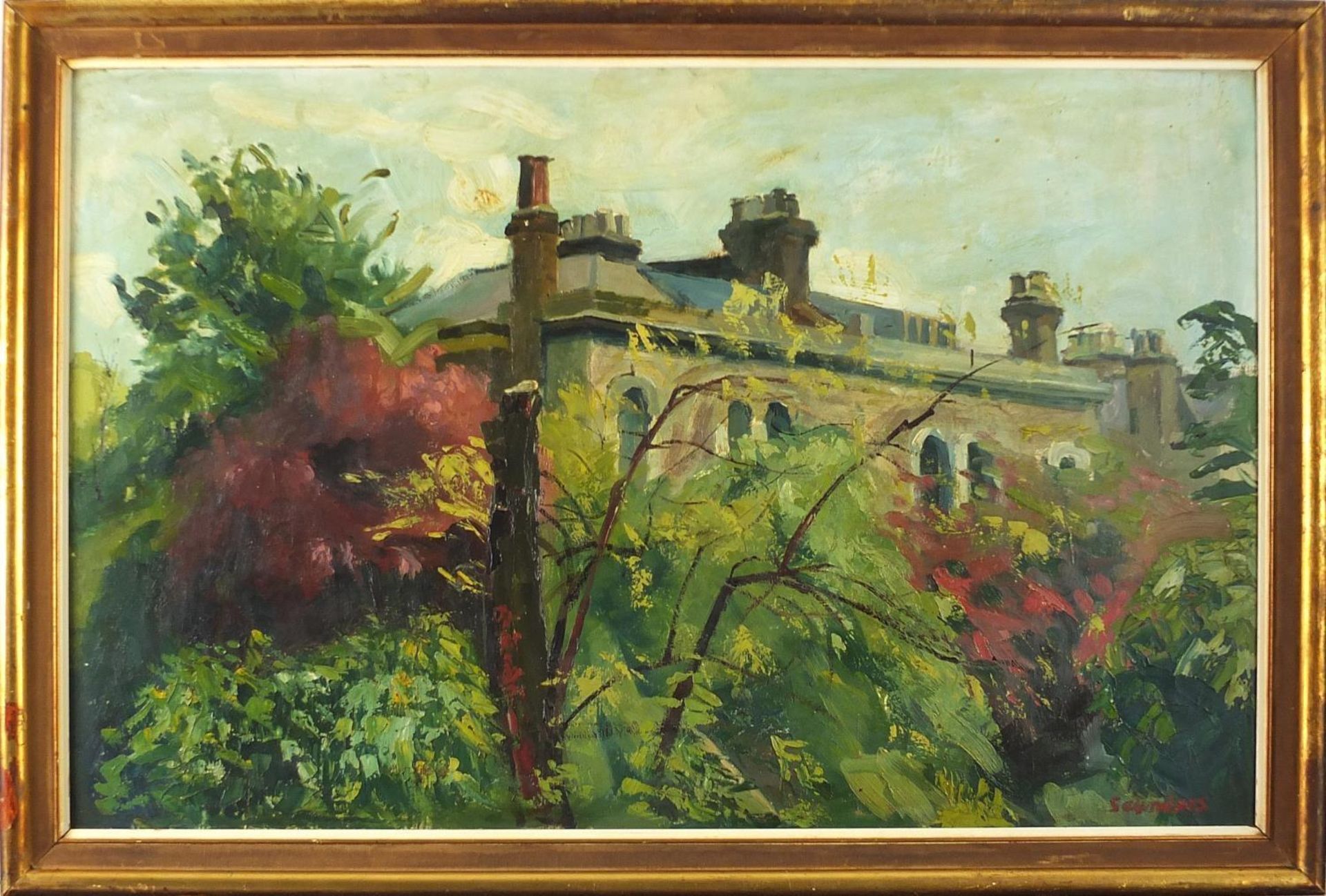 D Saunders - Manor house through trees, signed oil on board, mounted and framed, 90cm x 57cm - Image 2 of 5