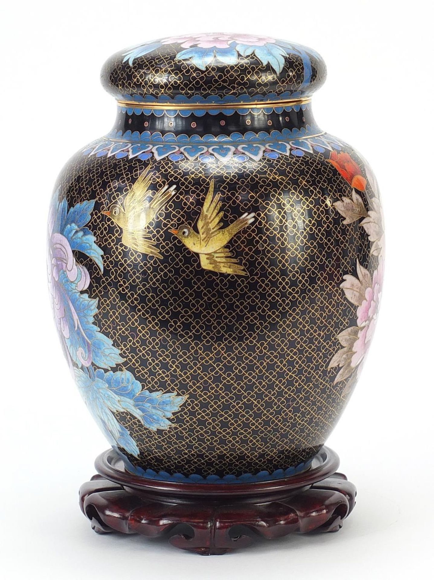 Large Chinese cloisonné ginger jar and cover enamelled with flowers, raised on a carved hardwood - Image 4 of 6