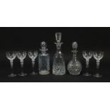 Cut glassware comprising four Royal Brierley glasses and three decanters, the largest 33.5cm high