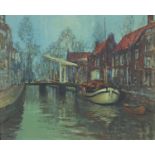 Dutch canal scene, oil on board, mounted and framed, 49.5cm x 39.5cm excluding the mount and frame
