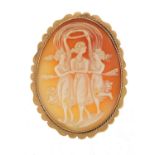 9ct gold mounted cameo brooch depicting Three Graces, 5.2cm high, 15.2g