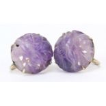 Pair of gilt metal carved amethyst earrings with screw backs, 16mm in diameter, 7.9g