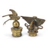 Two antique brass car mascots including one in the form of a swallow, the largest 14cm high