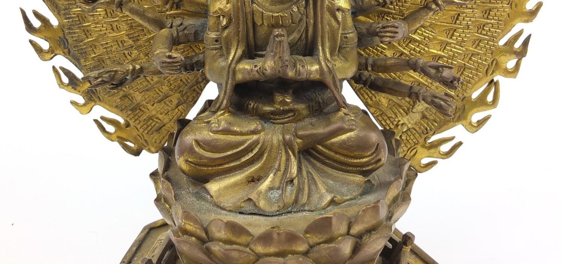 Tibetan gilt bronze figure of Buddha with lotus flower, 29.5cm high - Image 7 of 8