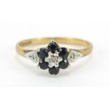 9ct gold diamond and sapphire flower head ring, size M, 1.4g