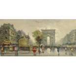 Parisian street scene, oil on canvas, bearing an indistinct signature, mounted and framed, 78.5cm