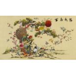 Birds of paradise before a sunset, Chinese silk embroidered panel with character marks, framed and