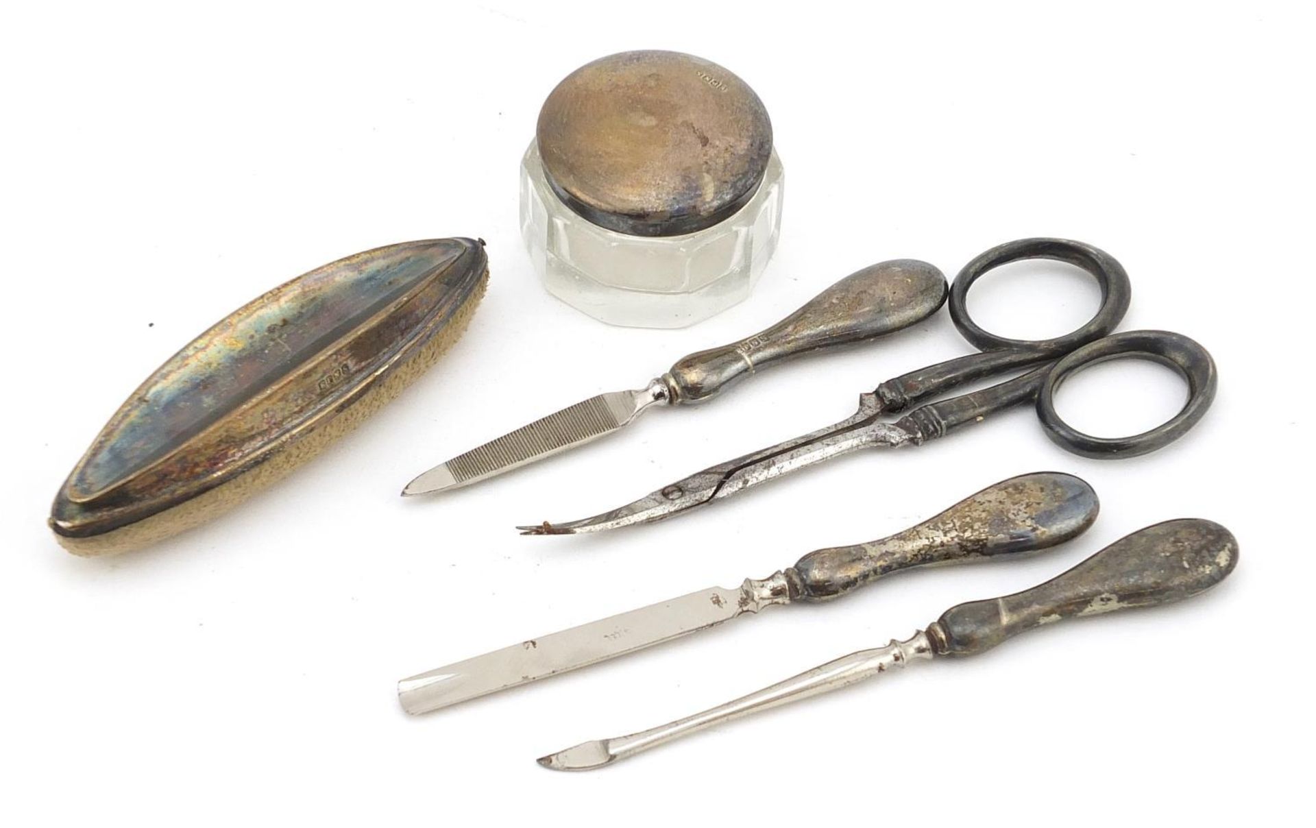 19th century silver plated six piece vanity tool set housed in a velvet and silk lined fitted case - Image 2 of 7