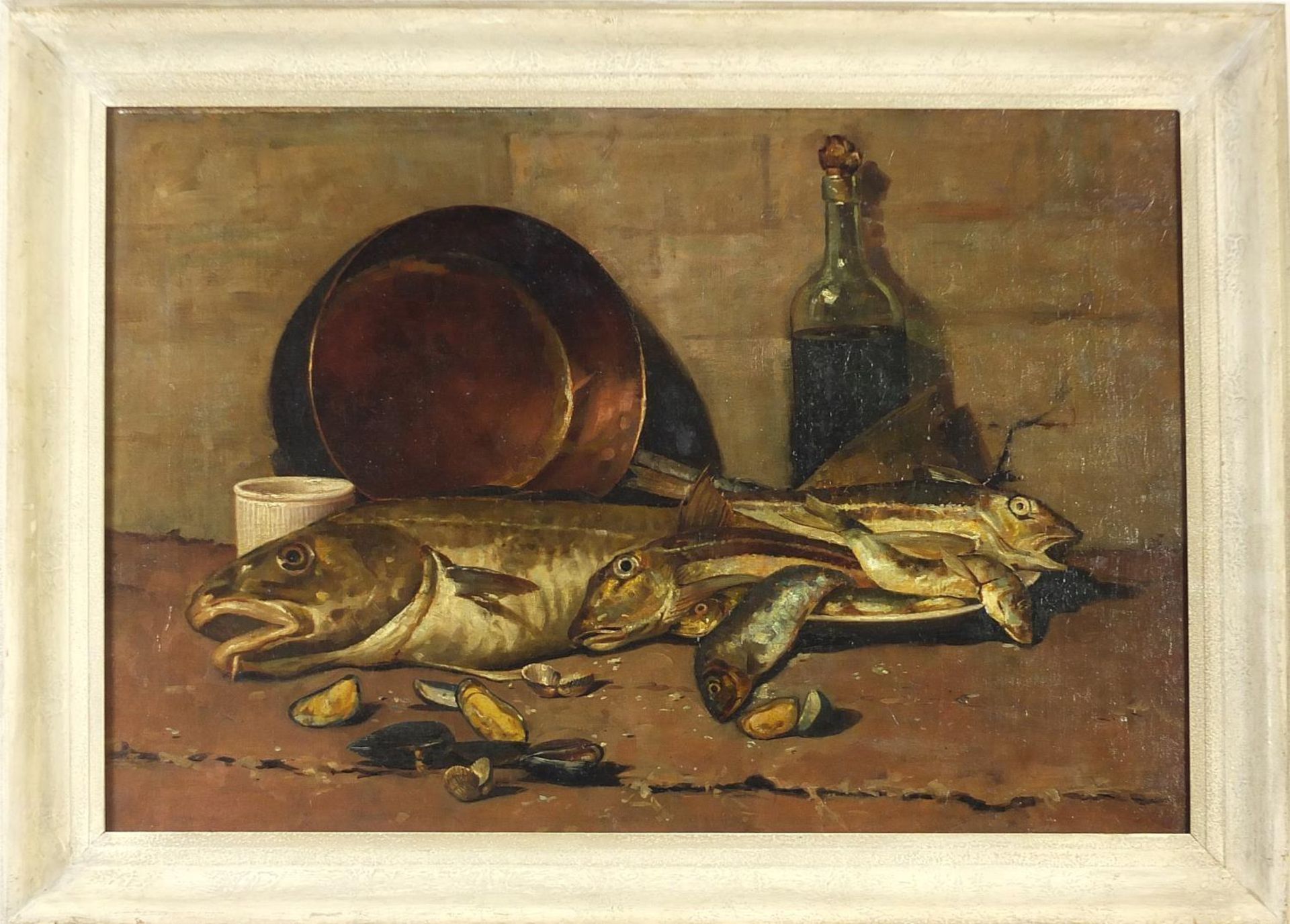 Still life fish, copper pan, bottle, and shells, antique oil on canvas, framed, 73.5cm x 49.5cm - Image 2 of 3