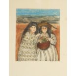 Edith Roman - Two girls, pencil signed etching in colour, framed and glazed, 49cm x 32cm excluding