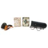 Antique and later objects including two Victorian mother of pearl and abalone calling card cases,