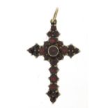 Vintage gilt metal garnet cross pendant, 3cm high, 2.2g
