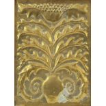 Rectangular Cornish brass plaque embossed with flowers in a vase, impressed F R Pool Maker Hayle,