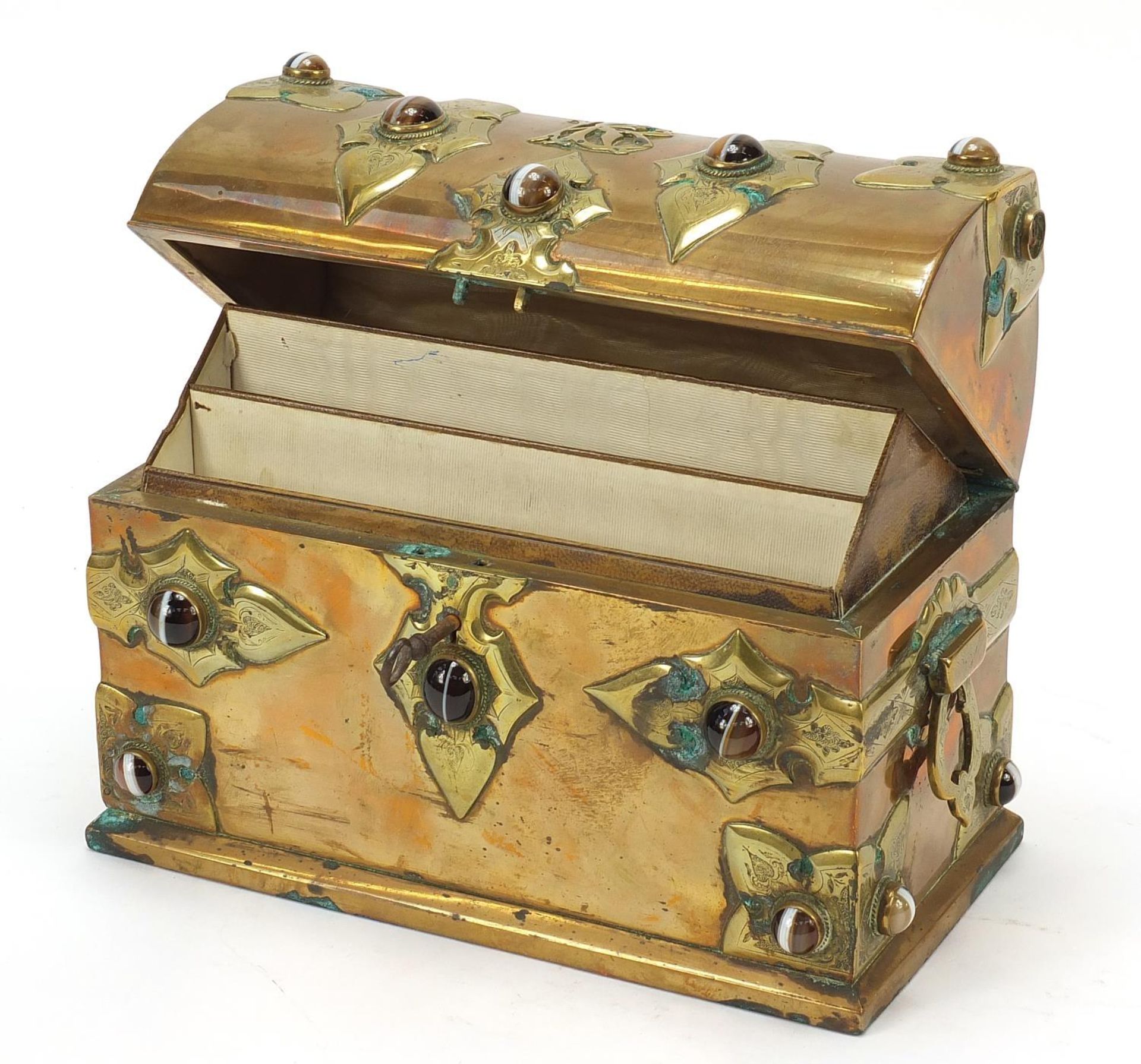 Victorian Gothic style brass stationary box set with Scottish agate cabochons, 17cm H x 22cm W x - Bild 2 aus 4