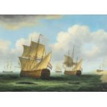 Naval ships landing their crew, oil on canvas laid on board, framed, 67cm x 48.5cm excluding the