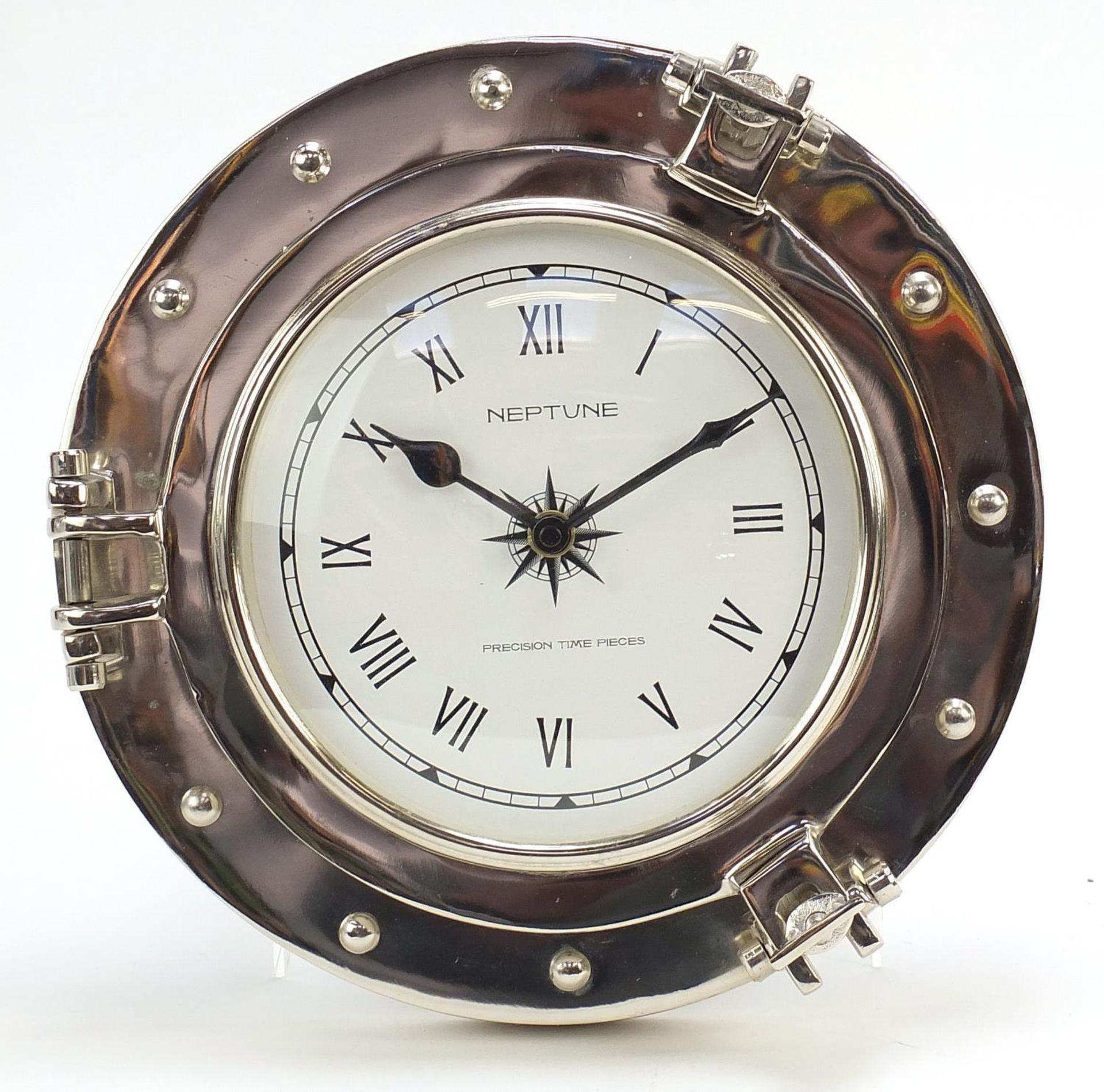 Neptune port hole design nickel wall clock, 23cm in diameter