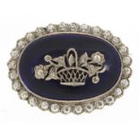 Antique design silver, blue enamel and clear paste brooch, 4cm wide, 18.4g
