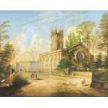 Rectangular porcelain plaque hand painted with figures before a church, mounted and framed, 24cm x