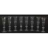 William Yeoward, Set of eight 18th century style Champagne flutes with knopped stems, each 18cm high