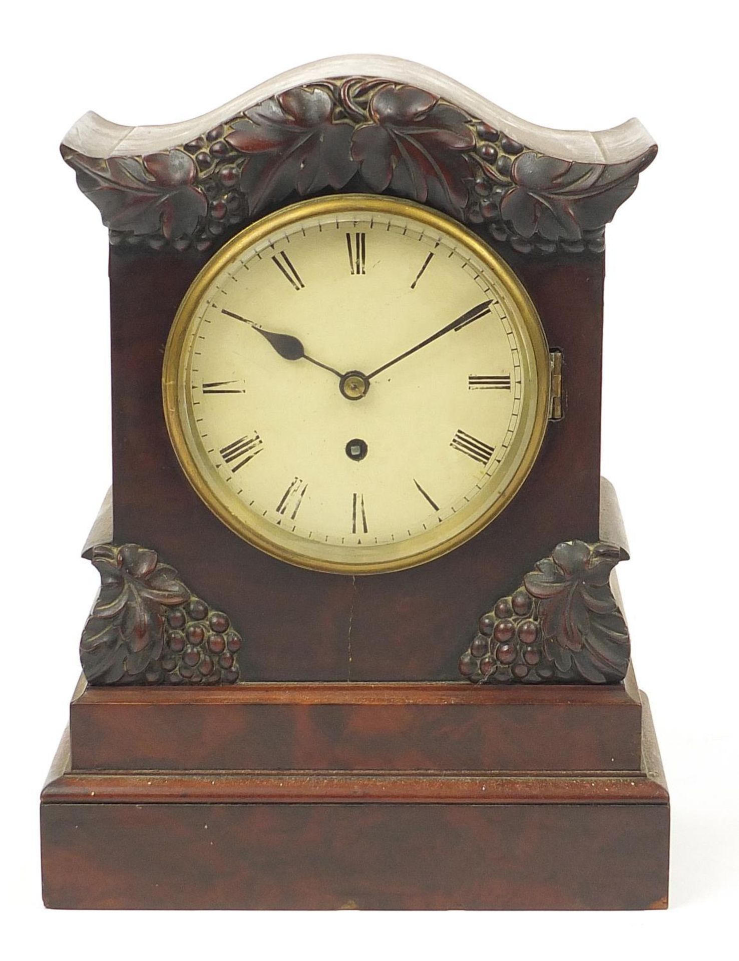 19th century mahogany fusée mantle clock carved with leaves and berries, the painted dial with Roman - Image 2 of 6