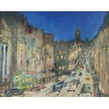 M K MacKenzie - City lights of Old Aberdeen, monogrammed oil on panel, inscribed verso under backing