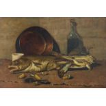 Still life fish, copper pan, bottle, and shells, antique oil on canvas, framed, 73.5cm x 49.5cm