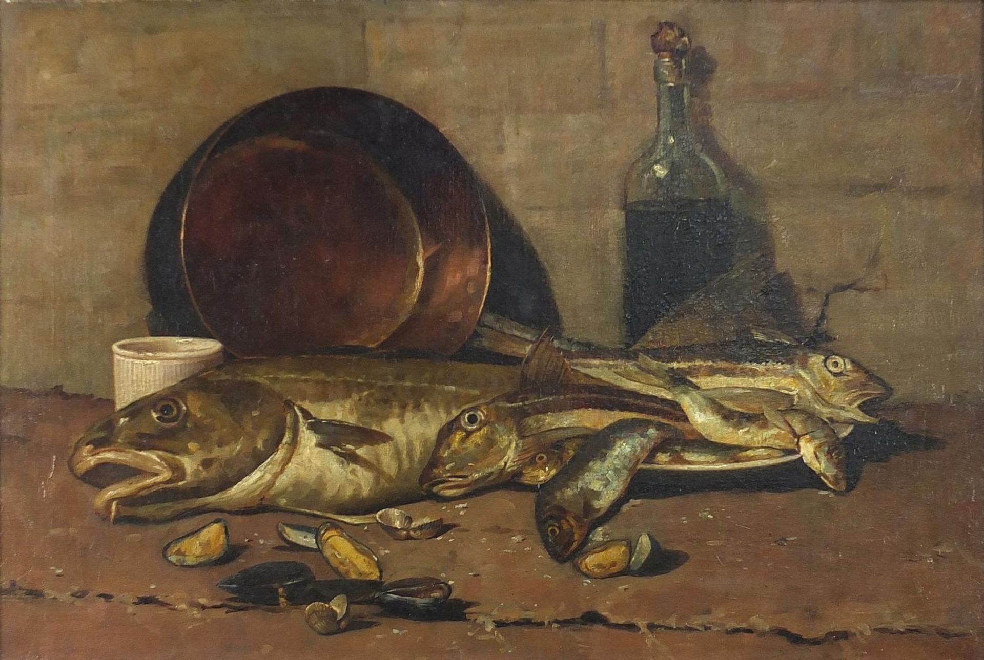 Still life fish, copper pan, bottle, and shells, antique oil on canvas, framed, 73.5cm x 49.5cm