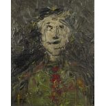 Head and shoulders portrait of a figure, Modern British oil on board, framed, 49.5cm x 39.5cm