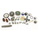 Antique and later jewellery including silver rings, silver earrings, Chinese carved coquilla nuts