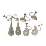 Three pairs of vintage silver and white metal paste earrings, the largest 4cm high, total 11.2g