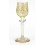 Bohemian wine glass with gilt foliate bowl and spiral twist stem in the style of Moser, 19.5cm high