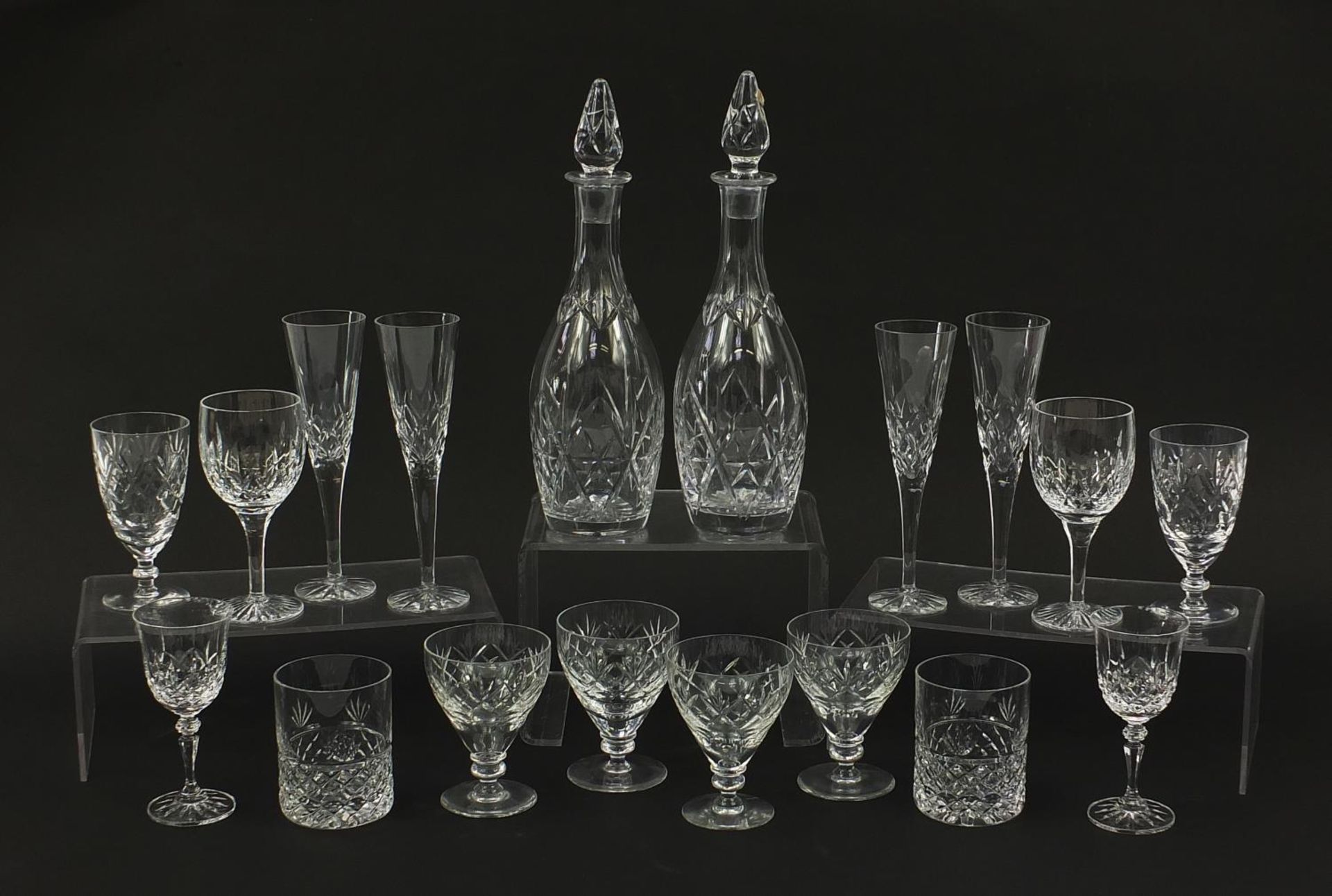 Cut glassware and crystal including a pair of decanters, Royal Doulton, Stuart, Caithness and