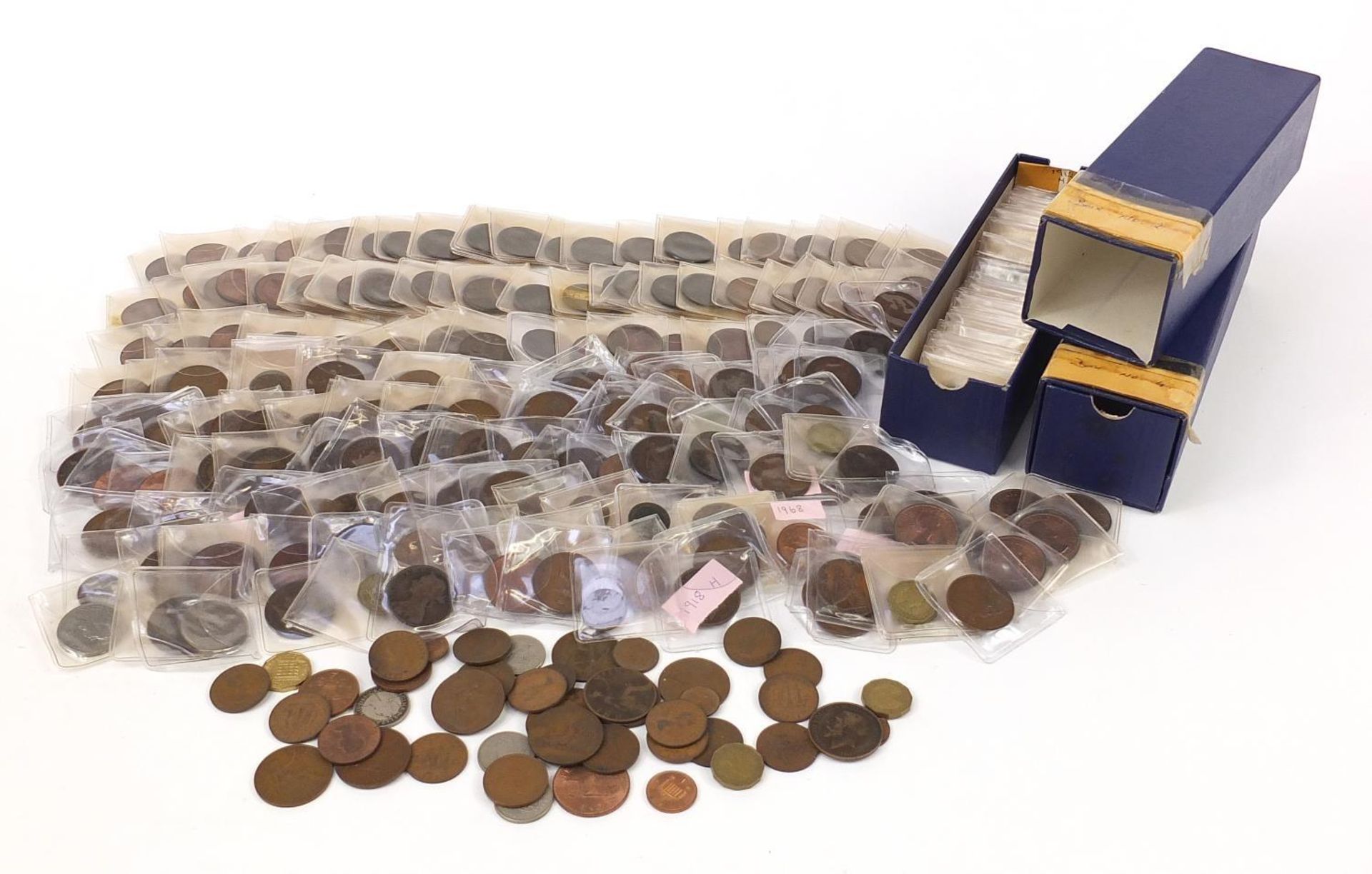 Collection of Victorian and later British coinage including pennies and farthings