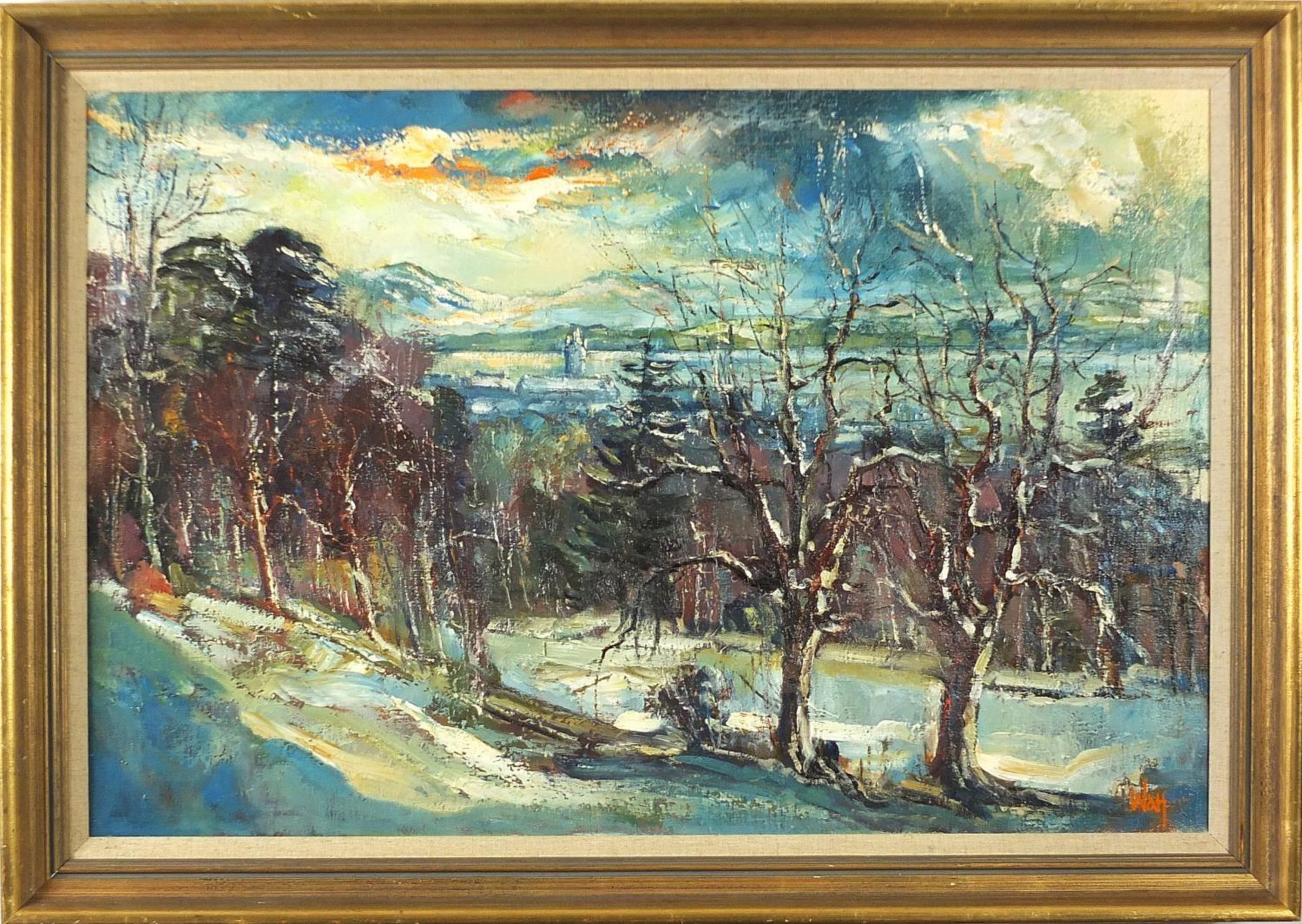 James Watt - Gourock, winter, signed Scottish school oil on canvas, mounted and framed, 91.5cm x - Image 2 of 5