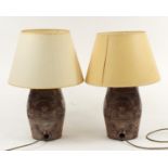 Pair of salt glaze barrel design table lamps with shades, overall 53cm high
