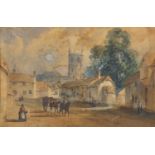 Street scene with horse and cart before a church, Victorian watercolour, mounted, unframed, 16cm x