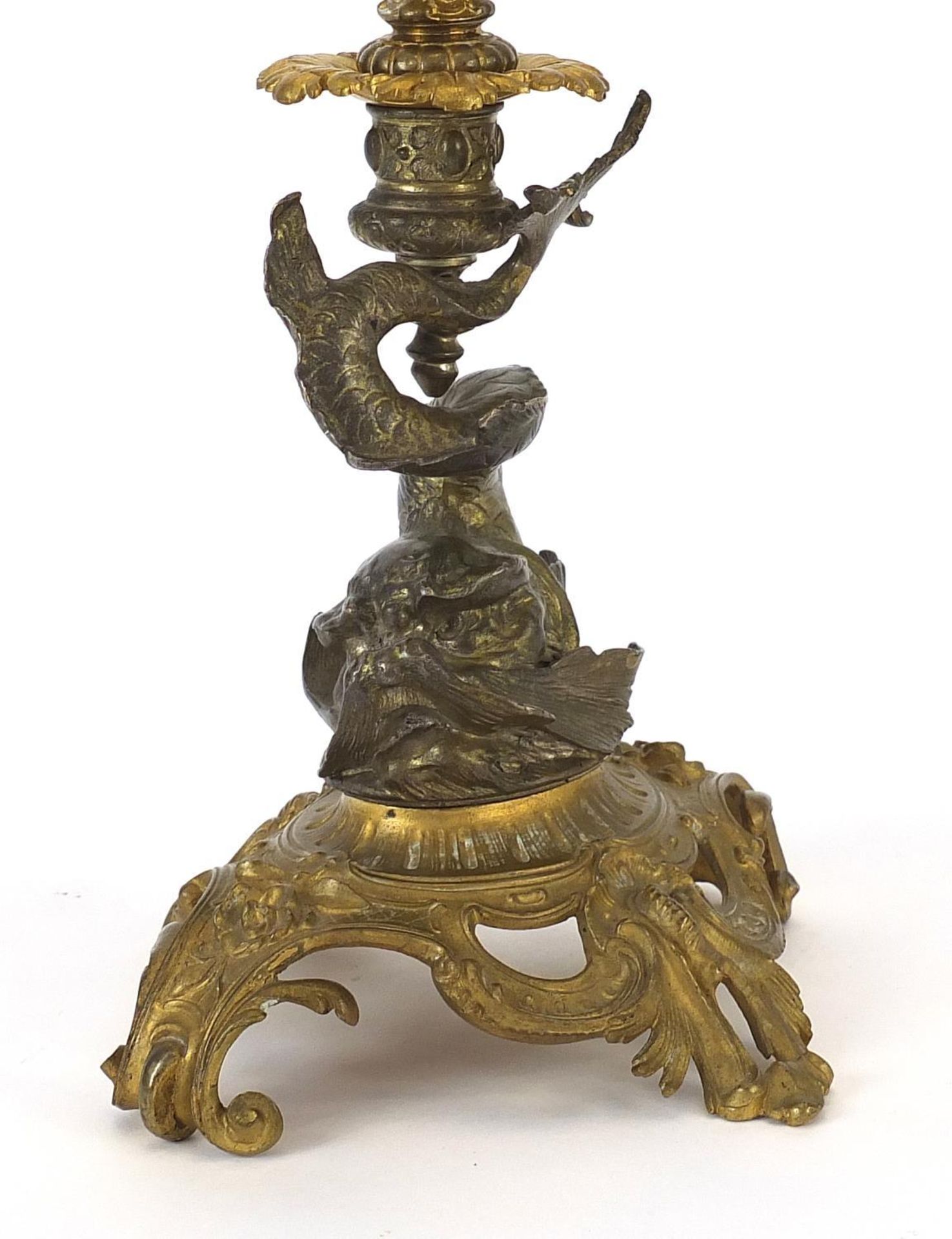 19th century opaline glass and gilt bronze dolphin centrepiece with frilled glass flute, 56cm high - Image 2 of 6