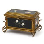 Italian brass and pietra dura table casket inlaid with insects and flowers, 15cm H x 23.5cm W x 15cm