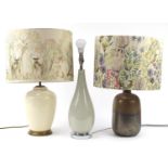 Three contemporary table lamps, two with shades including Laura Ashley, the largest 64cm high