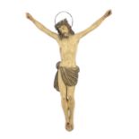 Antique painted lacquered wood carving of Christ with crown of thorns, possibly German, 53cm high