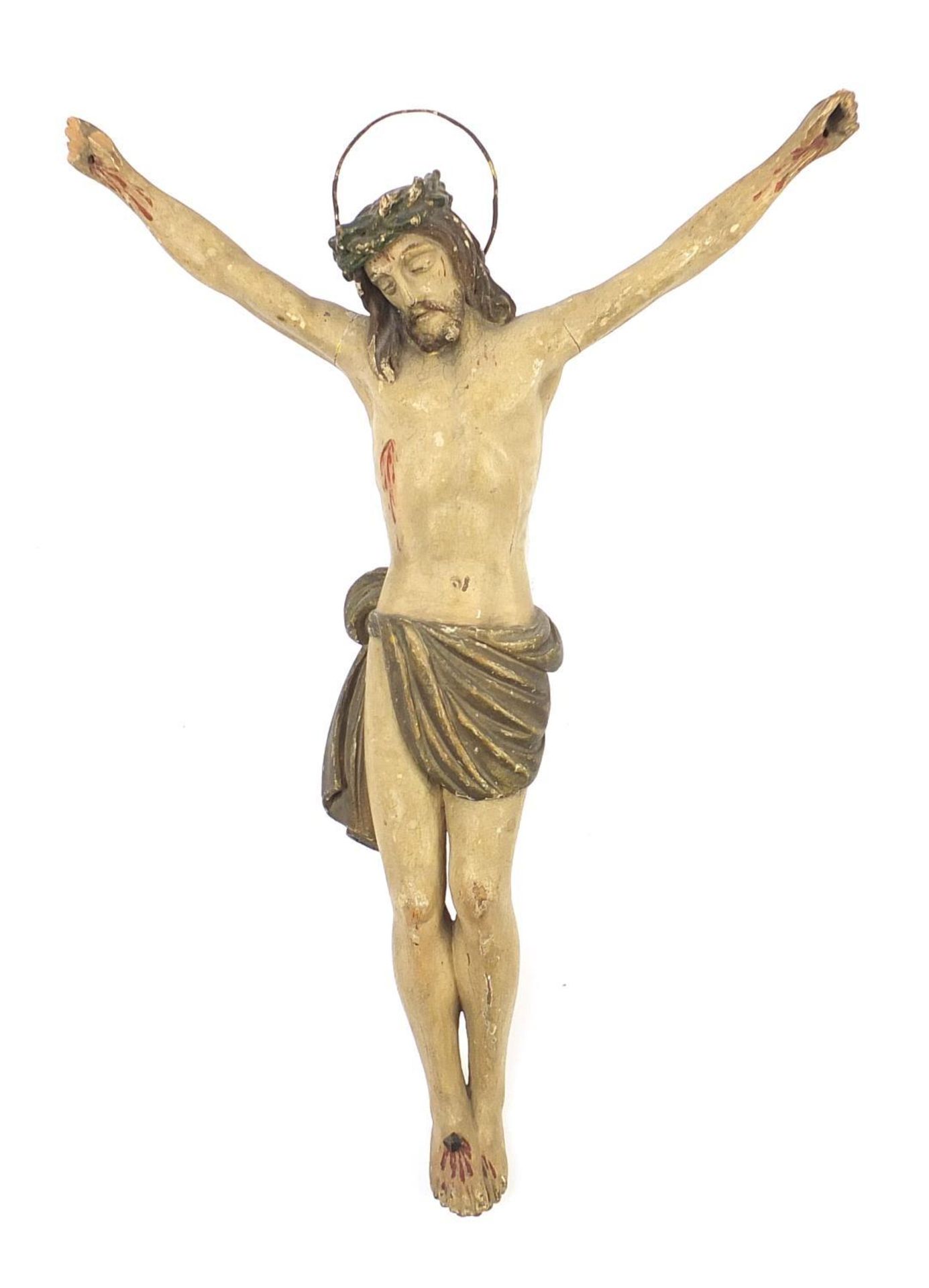 Antique painted lacquered wood carving of Christ with crown of thorns, possibly German, 53cm high