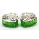 Pair of green cut glass love heart shaped boxes with sterling silver lids, 3.6cm in length