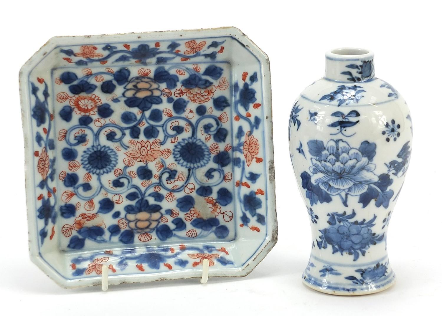 Chinese blue and white porcelain baluster vase and a square dish hand painted in the Imari palette