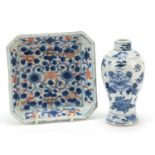Chinese blue and white porcelain baluster vase and a square dish hand painted in the Imari palette
