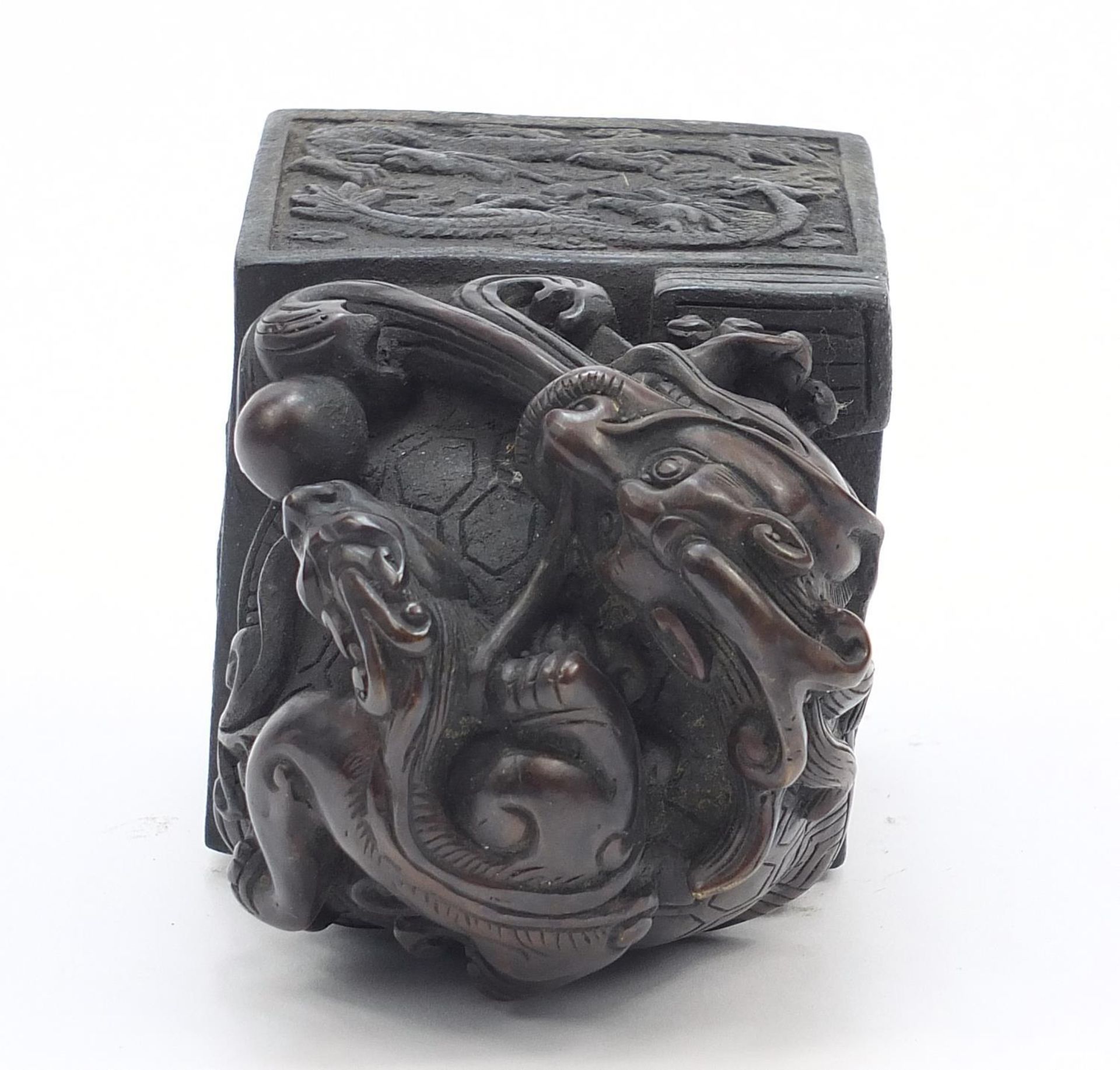 Large Chinese patinated bronze dragon and tortoise design seal with character marks to the base, - Image 5 of 6