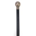 Ebonised walking stick with globular silver pommel, 91cm in length