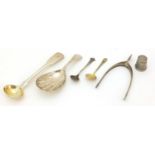 Georgian and later silver objects including a Georgian shell shaped caddy spoon, pair of wishbone