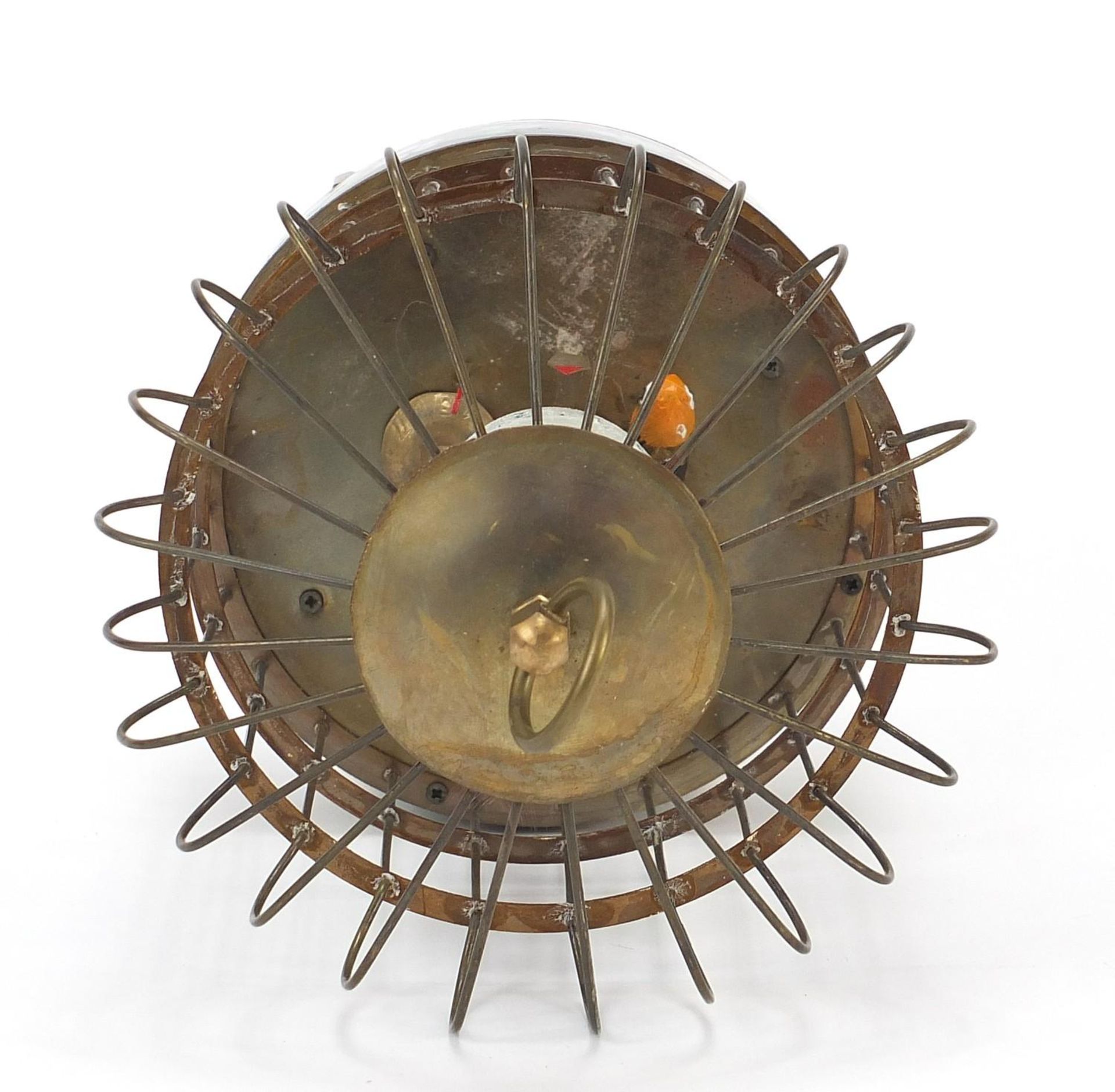 Brass clockwork automaton bird cage alarm clock with cloisonné band, 19.5cm high - Image 3 of 4