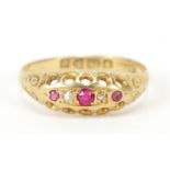 Edwardian 18ct gold ruby and diamond five stone ring, Chester 1904, size L, 1.6g